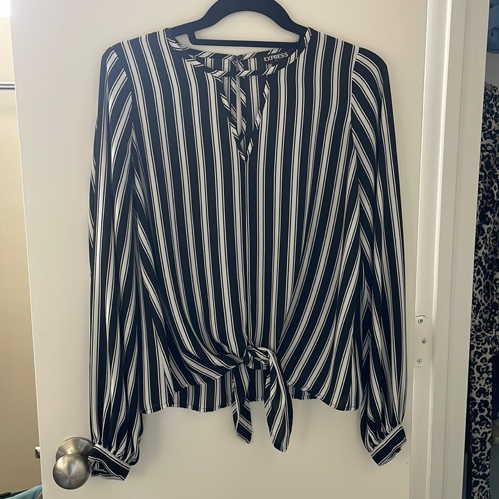 Black and White Striped Tie-Front Blouse